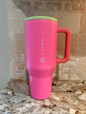 HydroJug Pink Travel Mug with Light Green Lid and coral Handle